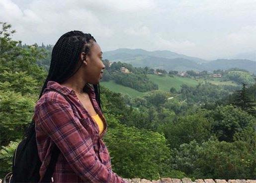 student looking out over a stone fence into the countryside